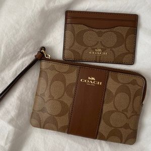 Coach brown monogram wristlet & card holder